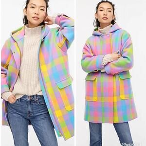 J.Crew Duffel Duffle Toggle Coat plaid Italian wool stadium cloth pastel size M